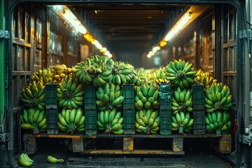 A truck filled with freshly harvested green bananas in crates ready for distribution at a bustling market