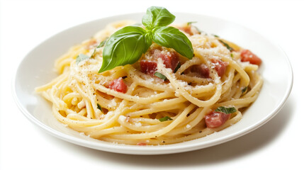 A delicious plate of spaghetti topped with fresh basil leaves, grated cheese, and chunks of tomato, presented on a white plate.