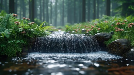 Wall Mural - Tranquil Forest Stream with Small Waterfall and Pink Flowers