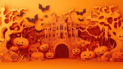 Papercraft Halloween scene with haunted house, pumpkins, bats, and trees.