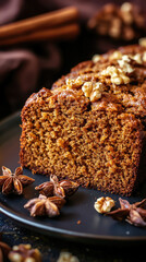 Delicious pumpkin bread slice with spices and nuts, perfect for fall!