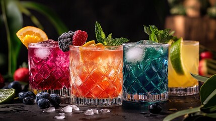 Poster -   A colorful row of cocktails rests atop a table, adjacent to a lush plant