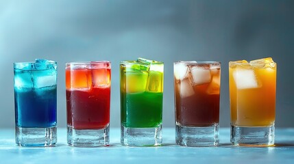 Wall Mural -   A row of various colored beverages lined up on a blue countertop against a gray backdrop