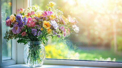 Canvas Print -   A colorful vase of flowers sits on a sunlit windowsill