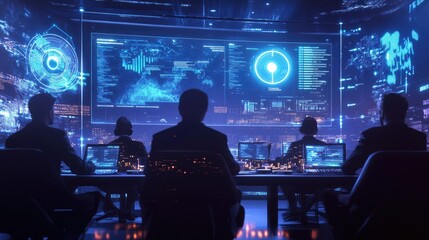 Team of IT professionals working on a project in a dark room with a large screen showing digital data.