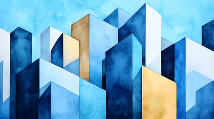 Wall Mural - Abstract Watercolor Cityscape with Blue and Yellow Geometric Shapes, Modern Architecture Illustration