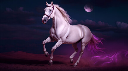 Wall Mural - Majestic White Horse Running Under Moonlight with Glowing Purple Tail