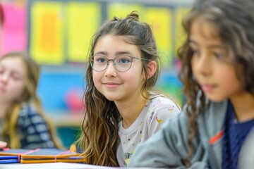 Schoolgirl smilingly listens to teacher during lesson