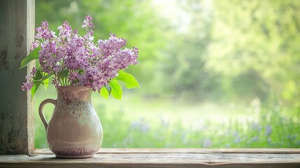 Poster -   Purple flowers sit in a vase on a wooden sill by the window