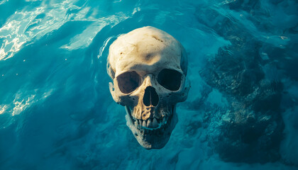 Wall Mural - A skull is floating in a blue ocean   