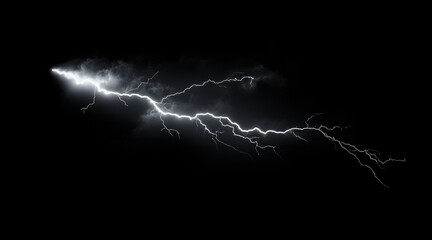 Dynamic lightning bolt frozen in mid-strike isolated on a black background. Weather phenomena isolated on white. Photo realistic photo.
