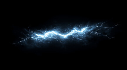 Wall Mural - Dynamic lightning bolt frozen in mid-strike isolated on a black background. Weather phenomena isolated on white. Photo realistic photo.
