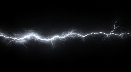 Wall Mural - Dynamic lightning bolt frozen in mid-strike isolated on a black background. Weather phenomena isolated on white. Photo realistic photo.
