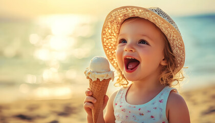 A sweet little child enjoying the summer sun, a delicious dessert, a melting ice cream cone. Summer refreshment and snacks on the beach.   