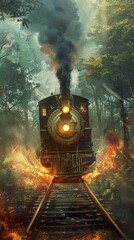 Steam Train Racing Through a Forest of Fire