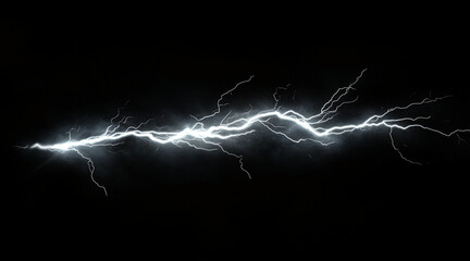 Wall Mural - Dynamic lightning bolt frozen in mid-strike isolated on a black background. Weather phenomena isolated on white. Photo realistic photo.
