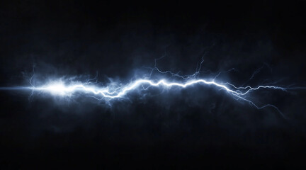 Dynamic lightning bolt frozen in mid-strike isolated on a black background. Weather phenomena isolated on white. Photo realistic photo.
