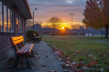 Sticker - Sunset viewed from benches at a school playground in autumn, showcasing trees and a serene environment