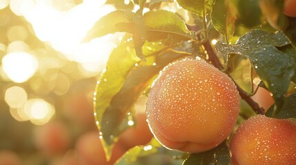 Poster -   A cluster of apples swaying from a tree with glistening water drops on them, framed by golden sunlight filtering through the foliage