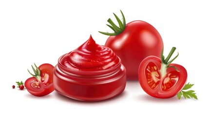 Wall Mural - Close-up of a jar of tomato sauce with whole and sliced tomatoes.