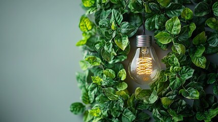 Canvas Print -   Light bulb resting on wall with lush green foliage nearby, and another light bulb perched above it