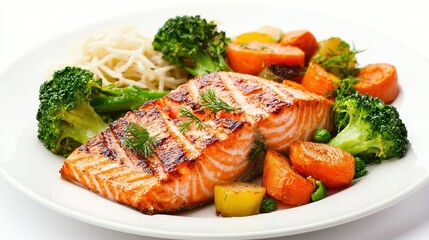 Poster -   A plate featuring salmon, broccoli, carrots, and noodles accompanied by broccoli