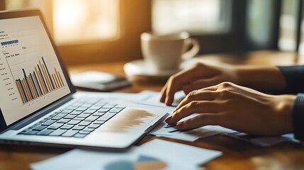 Wall Mural - a woman is typing on a laptop with a cup of coffee next to her