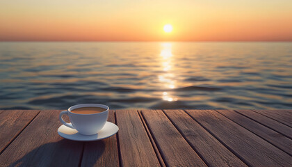 Wall Mural - A cup of coffee on a wooden pier overlooking a golden sunset over the ocean.