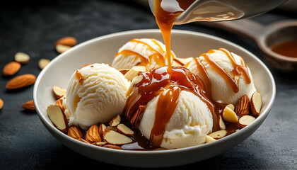 Closeup vanilla ice cream balls pouring caramel sauce with almond pieces   