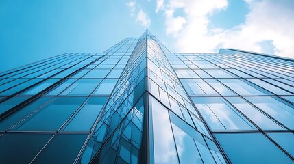 Sticker - Low angle view of modern glass skyscraper with blue sky and clouds