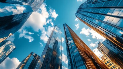 Sticker - Low angle view of skyscrapers against blue sky with white clouds