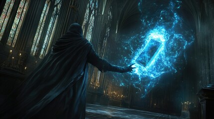 Mysterious figure casting spell in a gothic cathedral.