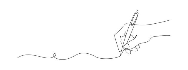 Aufkleber - Hand holding pen and writing in one continuous line drawing. Letter and diary concept in simple linear style. School lesson symbol in editable stroke. Doodle hand drawn vector illustration