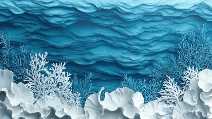 Wall Mural -   A canvas depicting a deep-blue seascape with intricate white coral formations and lush seaweed adorning the ocean floor below (39 tokens