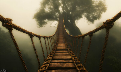 A wooden bridge hangs precariously between two trees in a misty jungle.