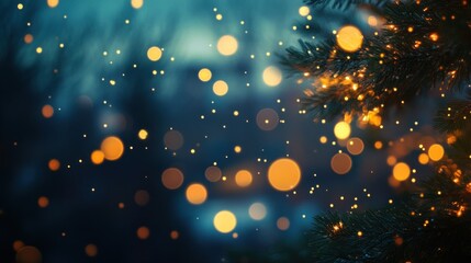 Wall Mural - Christmas tree branch with bokeh lights and dark background