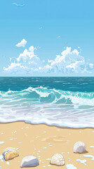 A serene beach scene with gentle waves and seashells on shore