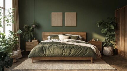 Canvas Print - Cozy bedroom with green walls, natural decor, and a serene atmosphere during daylight hours