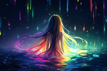 Canvas Print - Mystical woman with colorful hair and glowing dress in water with rainbow rain