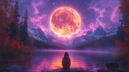 Wall Mural - Solitary Figure Gazing at a Fiery Moon Over a Mountain Lake