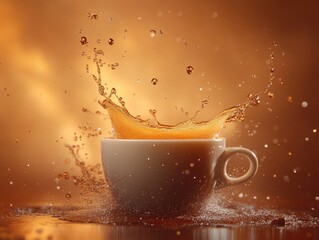 Morning Espresso Splash. Freshly Dripped Brown Coffee Cup with Aromatic Steam