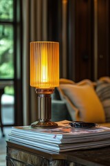 Poster - Soft, warm light illuminating a vintage lamp beside magazines on a cozy table in a sunlit room