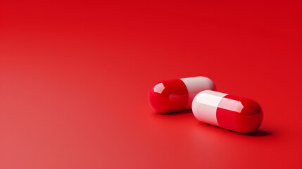 Two red and white medicine capsules on a red background