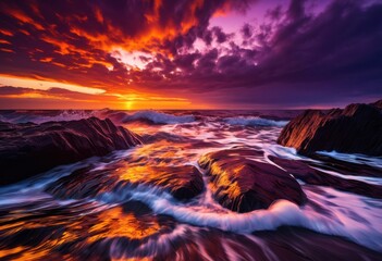 Wall Mural - vibrant coastal sunset over dark waves dramatic clouds rich orange purple hues reflecting water, beach, ocean, horizon, reflection, scenery, evening, sky