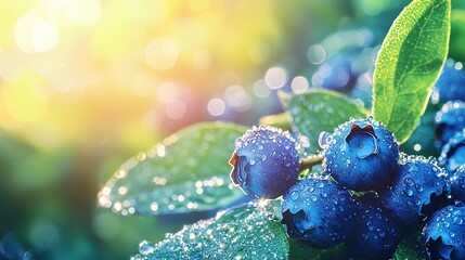 Canvas Print -   A macro shot of blueberries clustered on a verdant bough with dew-kissed foliage