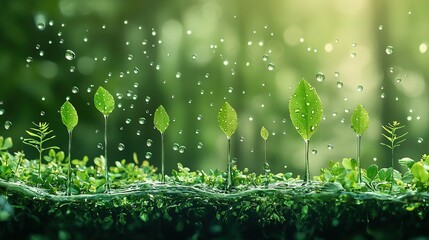   Green plants sprouting from a grassy patch under clear skies, droplets of water cascading from their leaves