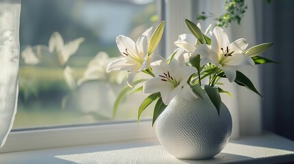 Wall Mural -   A white vase brimming with white blossoms sits on a window sill beside a white-draped window