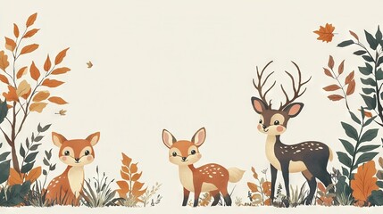 Sticker -   A pair of deer stand alongside each other atop a dense forest of tall trees and rustling leaves