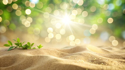 Bright Sunlight on Sandy Surface with Green Leaves and Bokeh Background