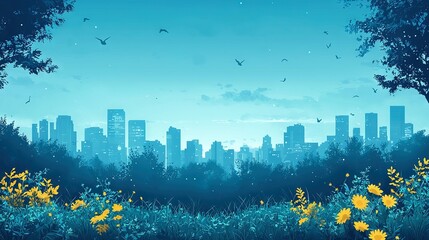 Canvas Print -   An image featuring a metropolis landscape, with sunflowers prominently displayed in the foreground and a striking azure backdrop